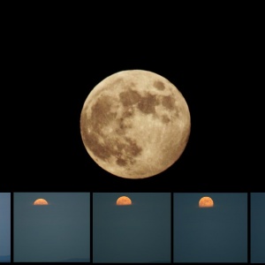 Halbschattenmondfinsternis 5.6.2020 mit Fotocollage Mondaufgang über Wolkenband kurz vor dem Aufnahmezeitpunkt Mond mit gerade noch wahrnehmbarer Verfinsterung