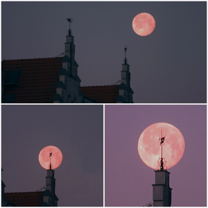 Sonnen-Mond-auf-untergänge Monduntergang nach toller eiskalt klarer Mondnacht hinter altem Haus in Krems